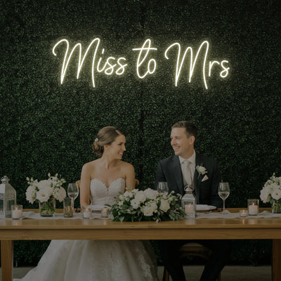 Light Your Way Miss to Mrs neon sign for weddings, featuring bright LED illumination in a stylish script design.