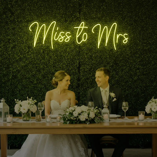 Light Your Way Miss to Mrs Neon Sign, wedding-themed LED neon sign with bright, colorful lettering for bridal decor.