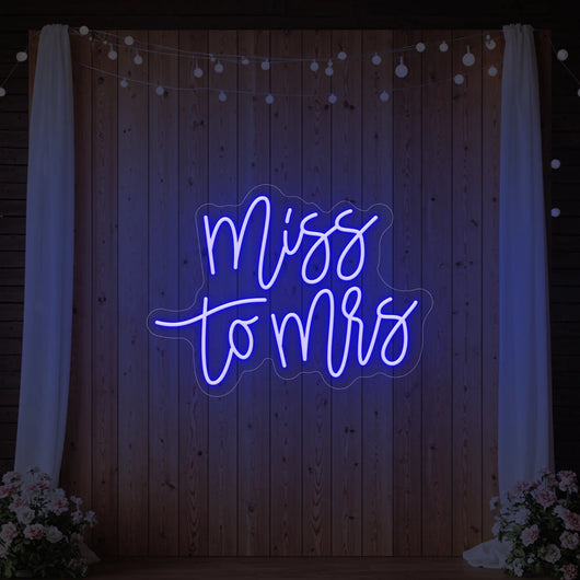 Miss to Mrs wedding neon sign by Light Your Way, vibrant LED sign with "Miss to Mrs" message for wedding decor.