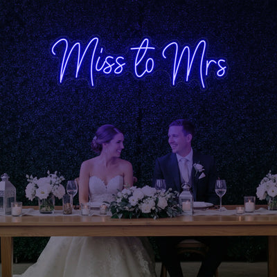 Miss to Mrs wedding neon sign by Light Your Way, vibrant LED neon sign for wedding decor, with bright illuminated text.