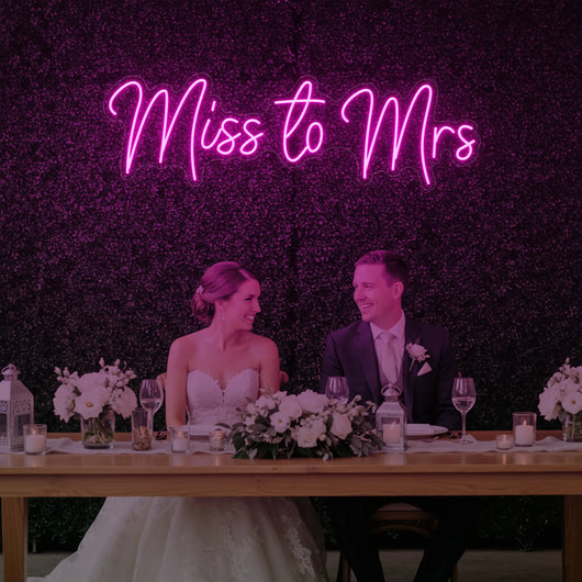 Light Your Way Miss to Mrs Neon Sign, wedding neon decor in bright LED with stylish script design.