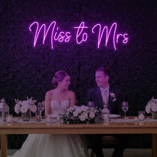 Miss to Mrs wedding neon sign by Light Your Way, illuminated LED sign with stylish "Miss to Mrs" lettering for wedding decor.