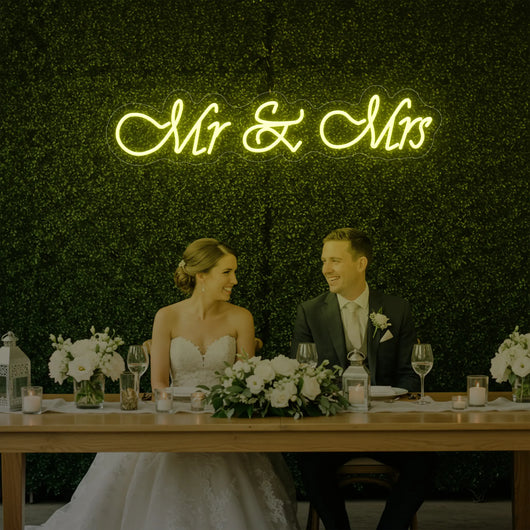 Light Your Way Mr & Mrs V2 wedding neon sign with illuminated LED lettering on a dark background.