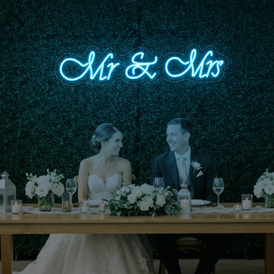 Mr & Mrs V2 wedding neon sign by Light Your Way, featuring illuminated LED text for romantic wedding decor.