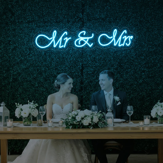 Mr & Mrs V2 wedding neon sign by Light Your Way, featuring illuminated LED text for romantic wedding decor.