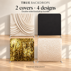 Two double-sided pillowcover backdrops with four design options, featuring vibrant patterns on soft fabric for versatile styling.