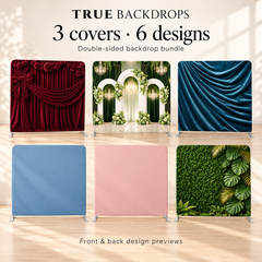 True Backdrops Photo Booth Profit Pack with three double-sided backdrop covers featuring six mix-and-match designs for events.