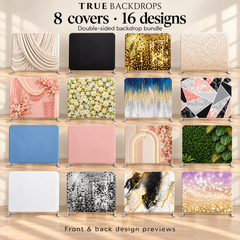 Eight double-sided pillowcover backdrops with 16 unique designs by True Backdrops, featuring colorful fabric textures and patterns.