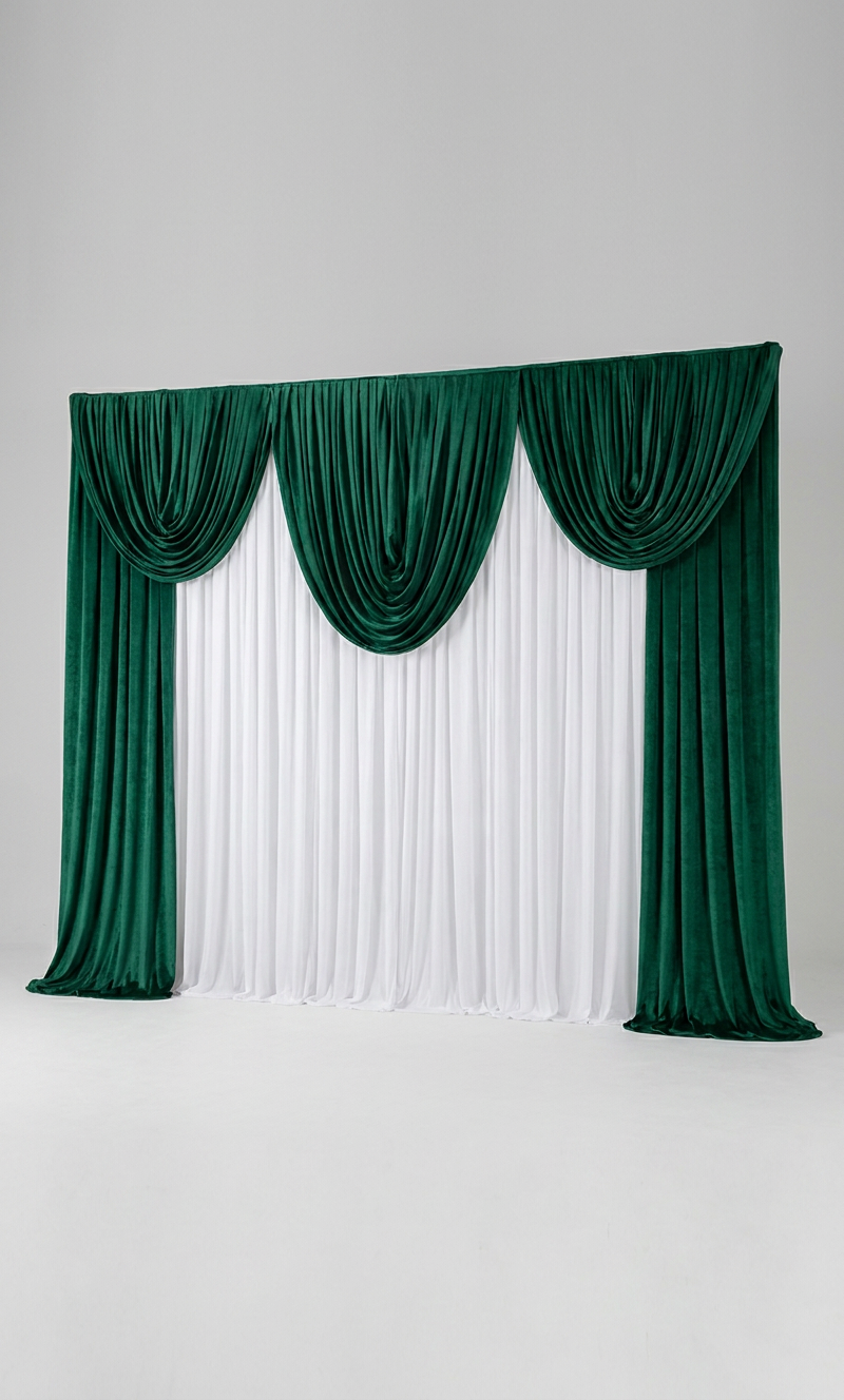 Pre-swagged drapery backdrop with pole pocket by True Backdrops, featuring soft fabric and easy hanging design.