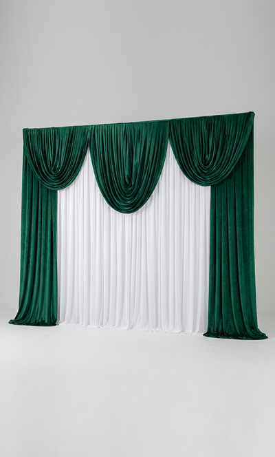 Pre-swagged drapery backdrop with pole pocket from True Backdrops, featuring soft fabric and a concealed pole pocket for easy hanging.