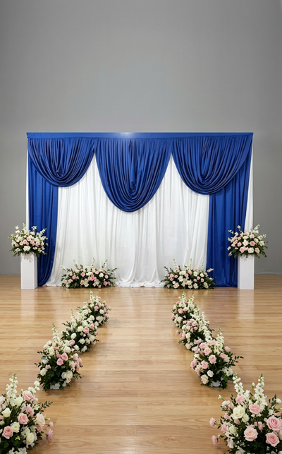 Pre-swagged drapery backdrop with pole pocket from True Backdrops, featuring soft fabric and a hanging pole for easy setup.