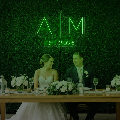 Custom wedding initials neon sign from Light Your Way, V4 model, with glowing initials perfect for wedding decor.