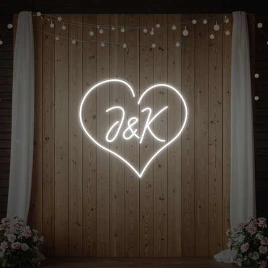 Custom wedding initials neon sign by Light Your Way, featuring elegant illuminated initials for wedding decor.