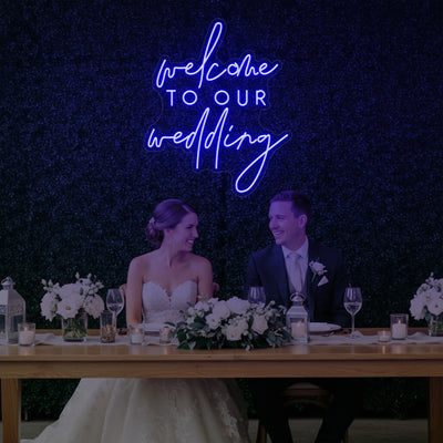 Light Your Way wedding neon sign reading "Welcome To Our Wedding" in bright LED lights, perfect for wedding decor.