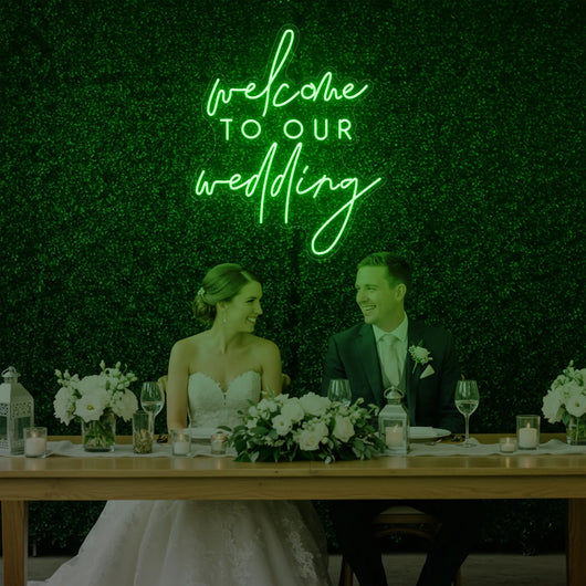 Light Your Way Welcome To Our Wedding V2 neon sign, LED wedding neon sign with elegant lettering for wedding decor.