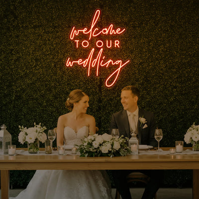 Light Your Way wedding neon sign with "Welcome To Our Wedding" LED sign in stylish cursive for wedding decor.
