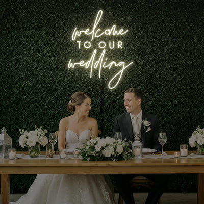 Light Your Way wedding neon sign with "Welcome To Our Wedding" LED sign, perfect for wedding decor and celebration ambiance.