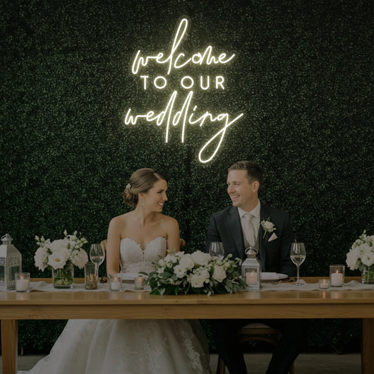Light Your Way wedding neon sign with "Welcome To Our Wedding" LED sign, perfect for wedding decor and celebration ambiance.
