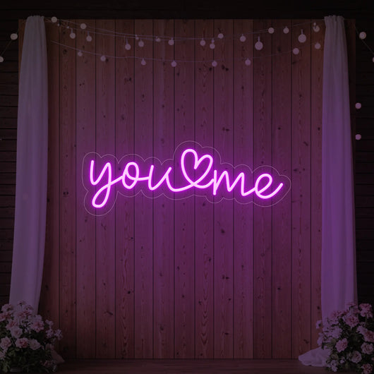 Light Your Way You Heart Me wedding neon sign with glowing LED lights, perfect for romantic event decor.